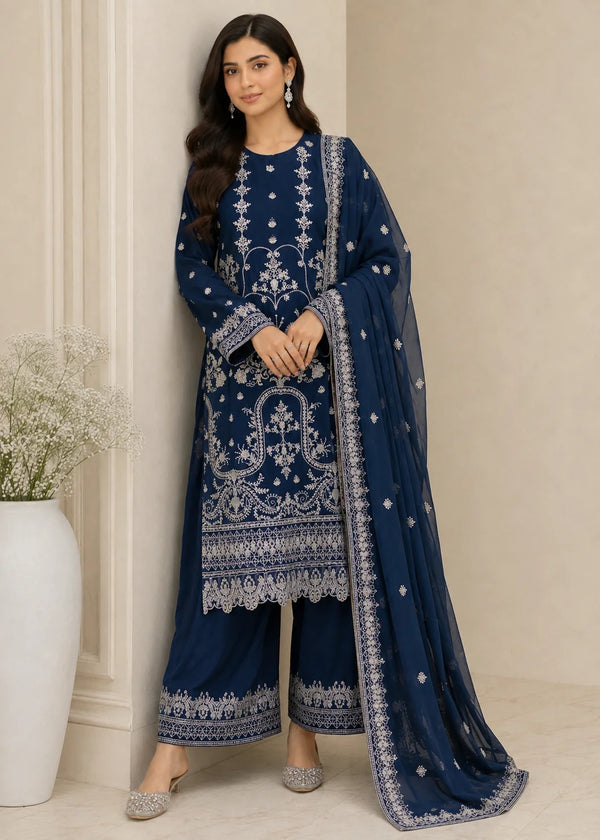 Navy Grace – Festive Embroidered Chiffon 3PC Set