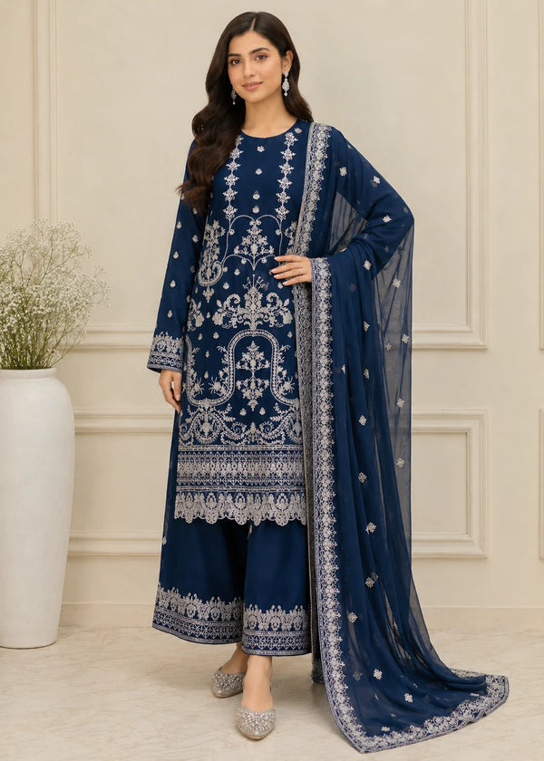 Navy Grace – Festive Embroidered Chiffon 3PC Set