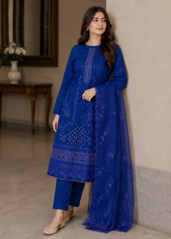 Navy Blue Embroidered Lawn Kurta Set with chiffon Dupatta