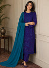 Purple Embroidered Linen Kurta Set with Teal Chiffon Dupatta