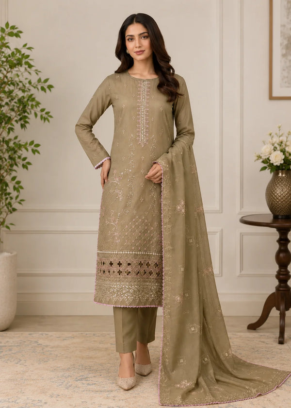 Caramel Brown Embroidered Cotton Kurta Set with Mirror Work