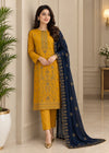 Mustard Embroidered linen Kurta Set with Navy Chiffon Dupatta