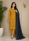Mustard Embroidered linen Kurta Set with Navy Chiffon Dupatta