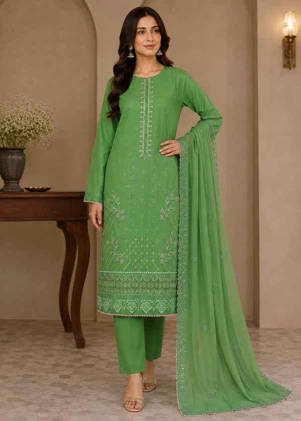 Lime Green Embroidered Lawn Cotton Kurta Set with Chiffon Dupata