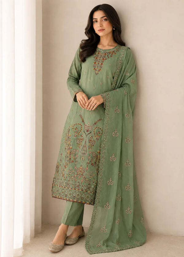 Sage Green Embroidered Kurta Set with Chiffon Dupatta