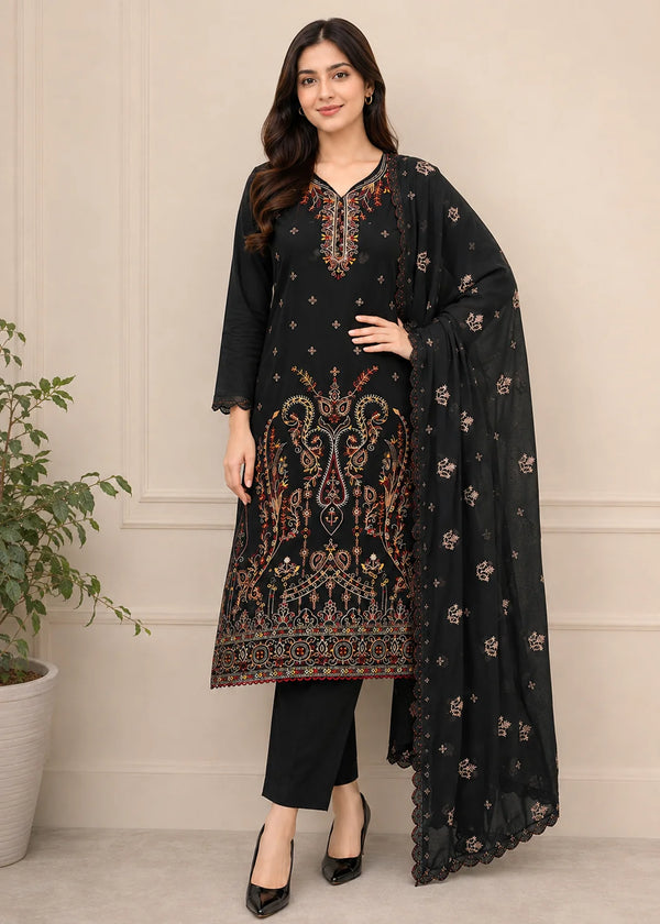 Black Aura Embroidered Cotton Kurta Set with Chiffon Dupatta