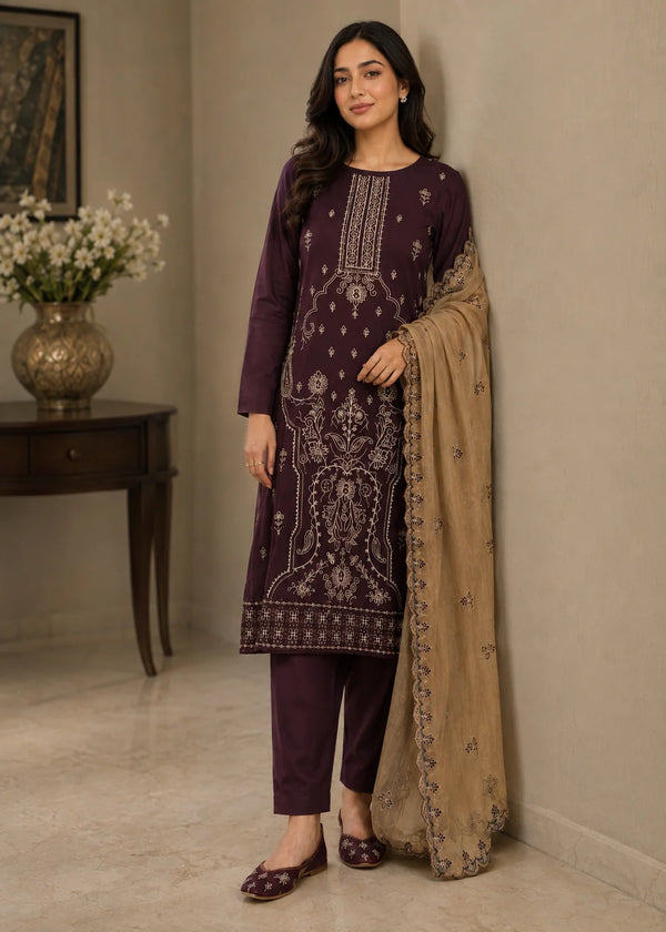 Embroidered Purple Kurta Set with Beige Chiffon Dupatta