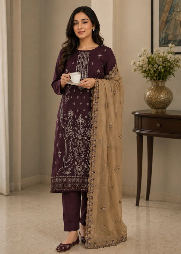 Embroidered Purple Kurta Set with Beige Chiffon Dupatta