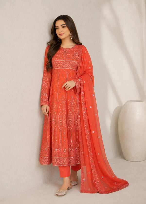 Coral OrangeEmbroidered Chiffon Maxi 3PC – Sequin Work Formal Dress Set