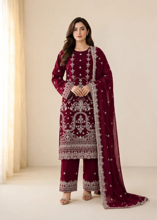 Maroon – Luxury Embroidered 3PC Chiffon Set