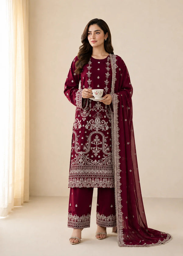 Maroon – Luxury Embroidered 3PC Chiffon Set