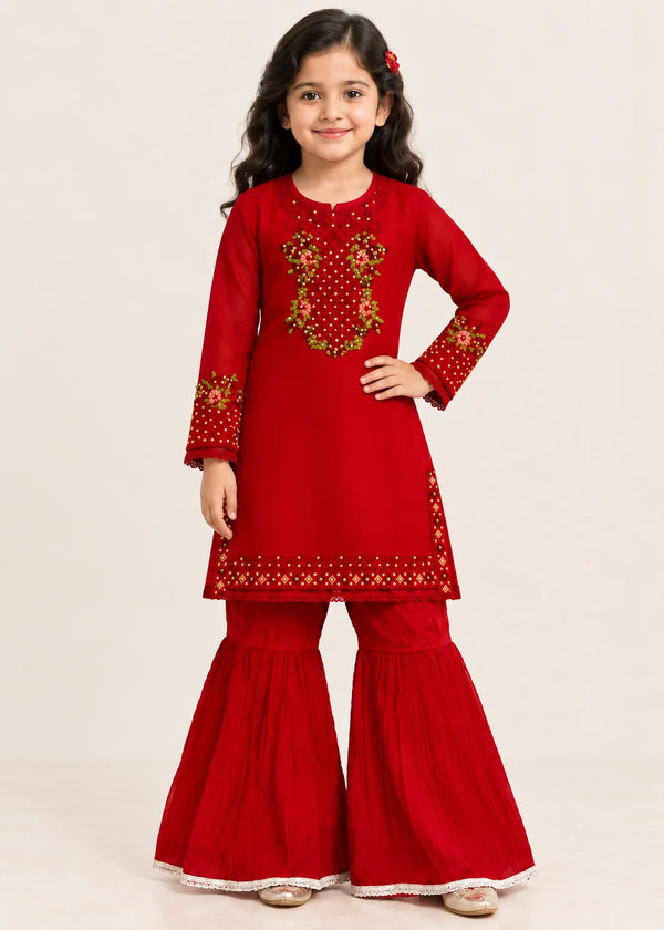 Kids Red Chiffon Embroidered gharara