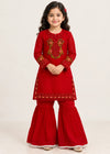 Kids Red Chiffon Embroidered gharara