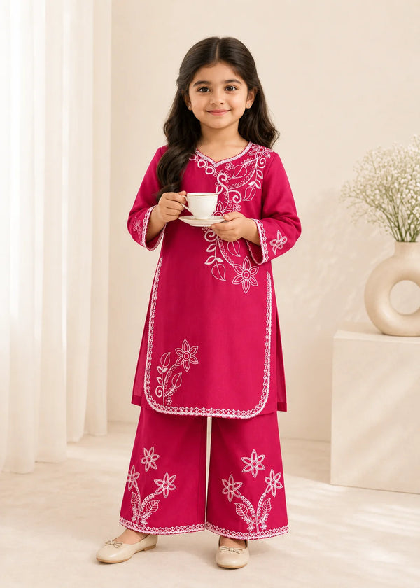 Kids Hot Pink Embroidered Cotton Kurta Set