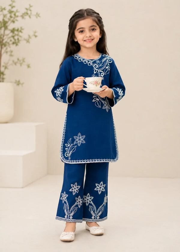 Cobalt Blue Embroidered Cotton Kurta Set for Girls