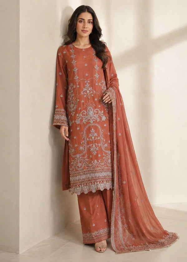 Burnt Orange – Luxury Embroidered 3PC Chiffon Set