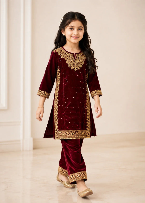 Maroon Kattan Silk Kids Formal Kurta Set