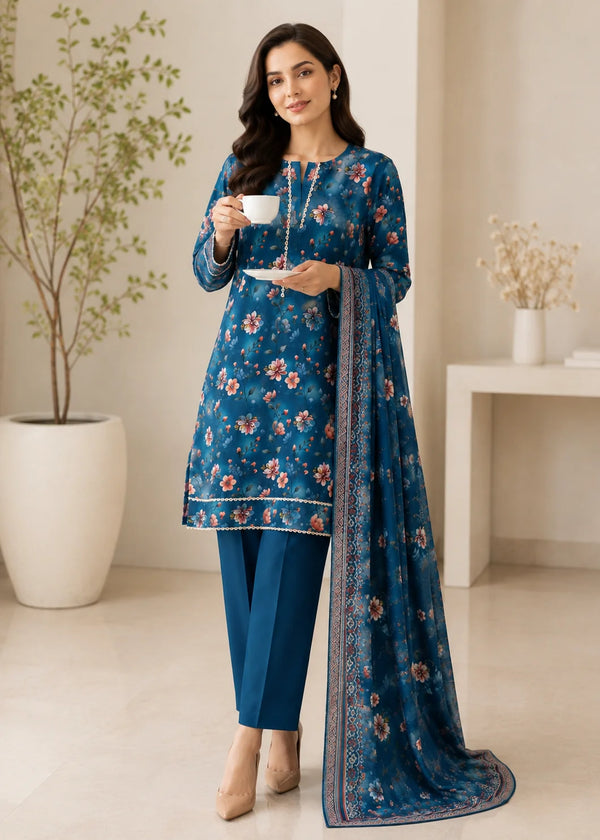Teal Floral Printed Lawn Kurta Set with Dupatta