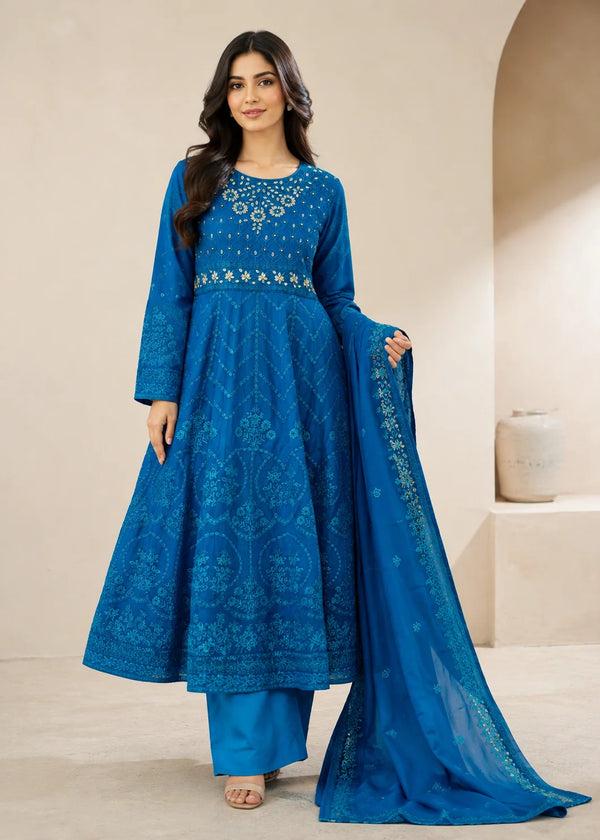 Ocean Grace – Teal Luxury Chiffon Maxi 3PC Set with Embroidered Dupatta & Silk Trouser