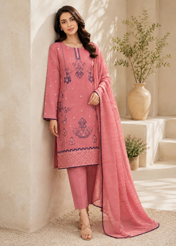 Coral Pink Embroidered Cotton 3-Piece Kurta Set
