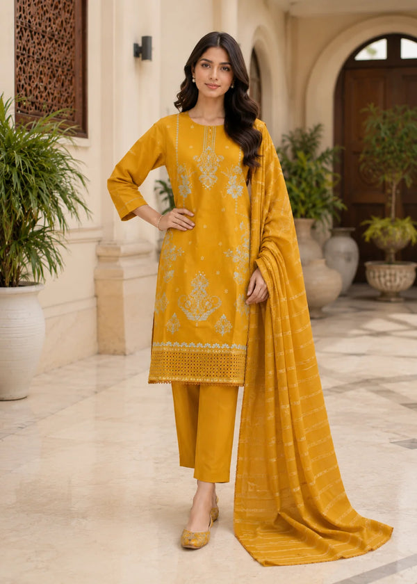 Mustard Embroidered Cotton Kurta Set with Striped Dupatta