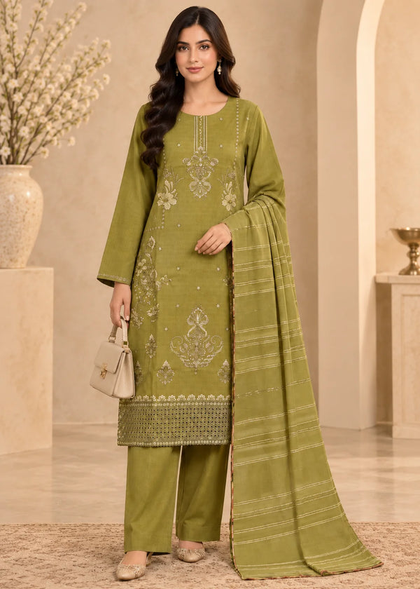 Olive Green Embroidered Cotton Kurta Set with Dupatta