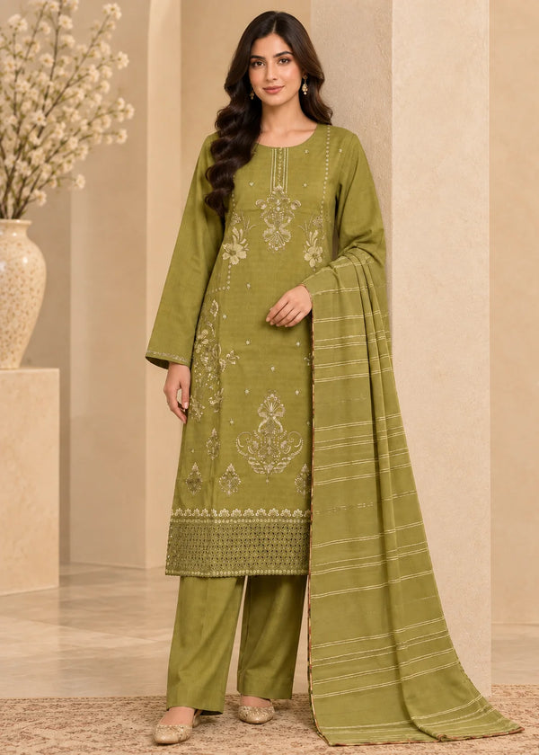 Olive Green Embroidered Cotton Kurta Set with Dupatta