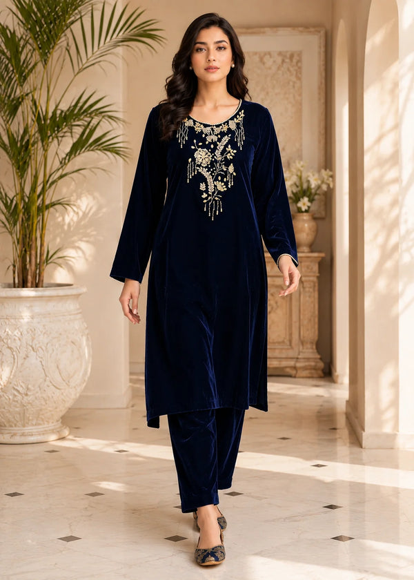 Navy Blue – Luxury Handworked Velvet 2PC Kurta Set