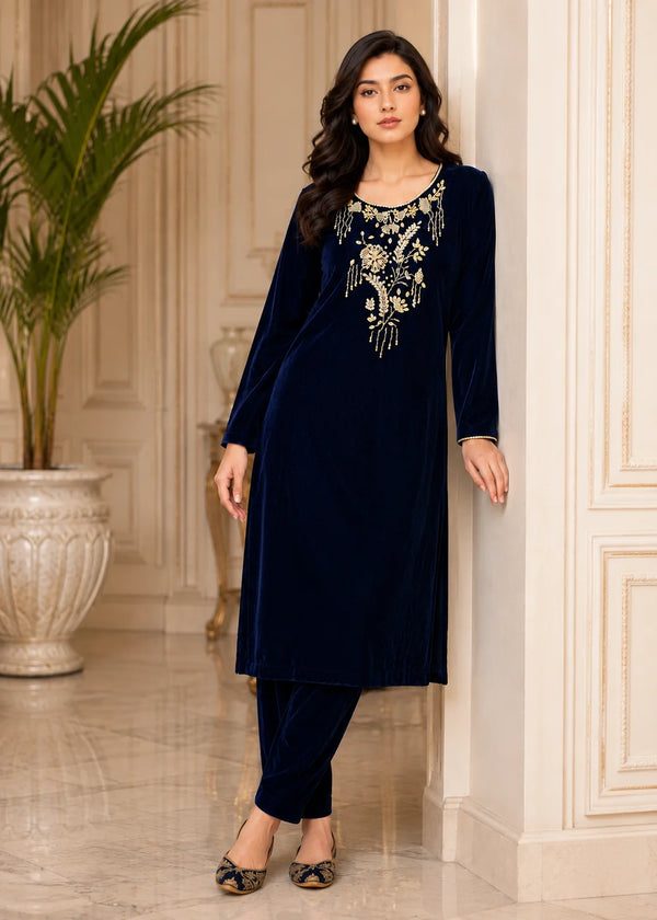 Navy Blue – Luxury Handworked Velvet 2PC Kurta Set