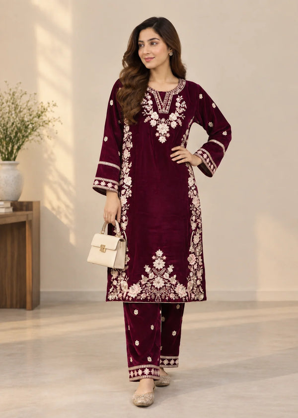 Embroidered Maroon Velvet Kurta Trouser