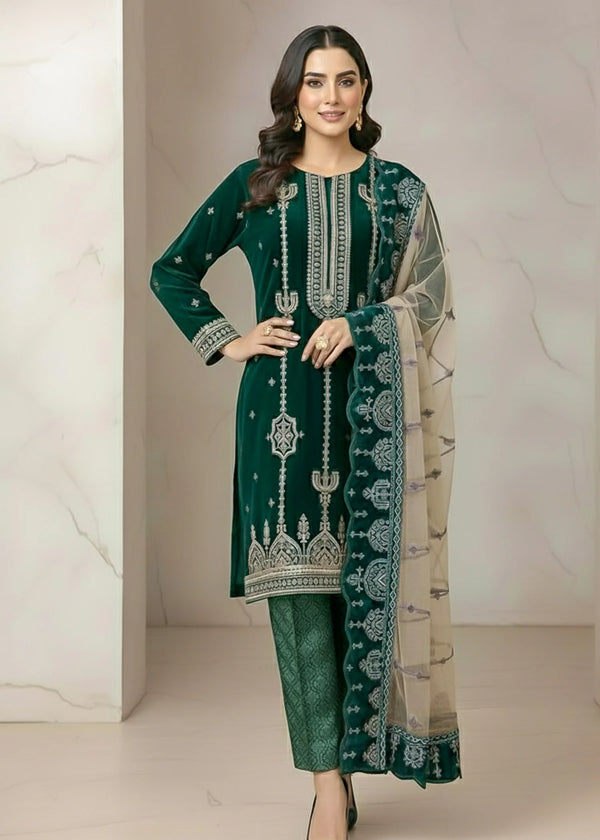 Opulent Teal Velvet Embroidered Occasion Wear