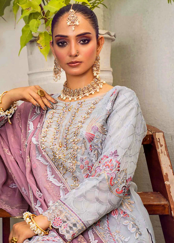 Luxury Pastel Grey Organza Embroidered 3 PC