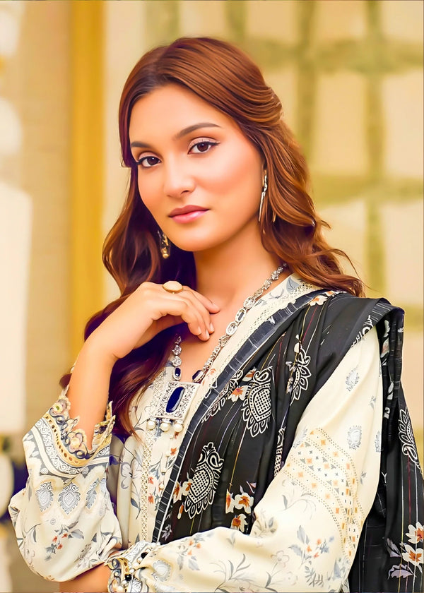 Butter Cream Linen 3 PC Dress – Diamond Dupatta & Handcrafted Embroidery