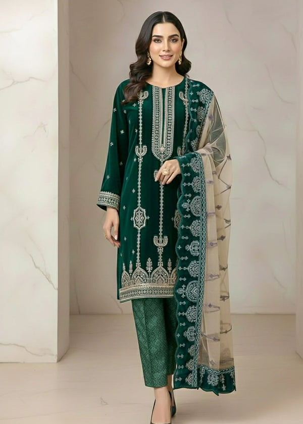 Opulent Teal Velvet Embroidered Occasion Wear