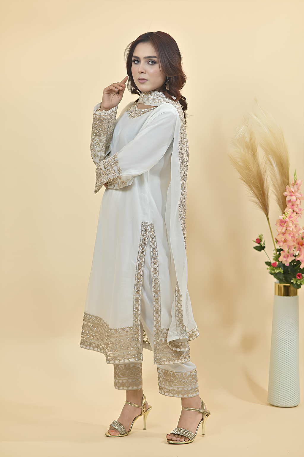 Off White Luxury Embroidered Occasion Edit 3PC Kurta Set