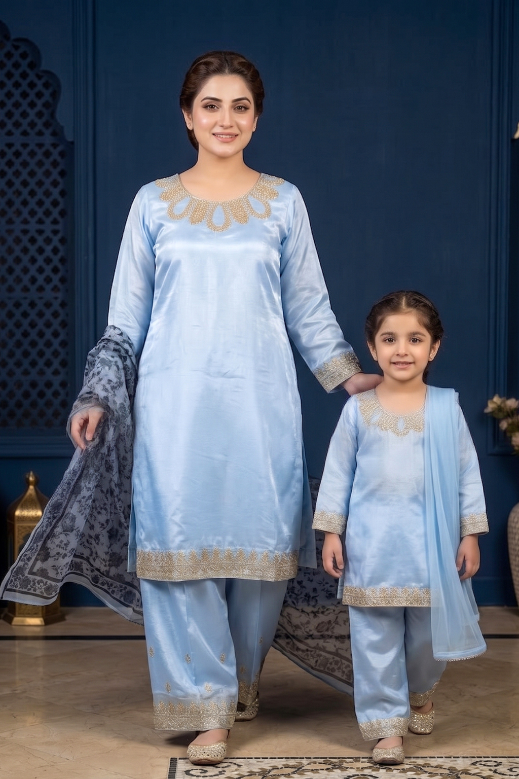 Azure Harmony – Mommy & Me Luxury Silk 3PC Matching Set