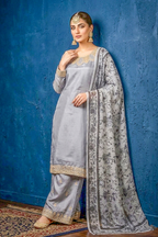 Silver Grey Silk Embroidered Front and Printed Net Dupata and Silk Embroidered Trousers