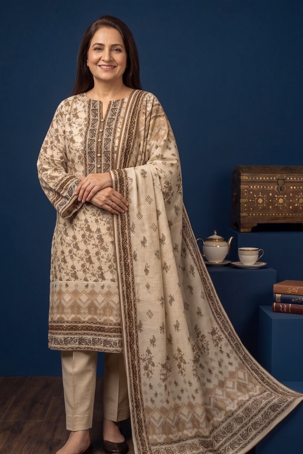 Warm Sandy Beige Printed Lawn 3PC Suit – Mother Collection