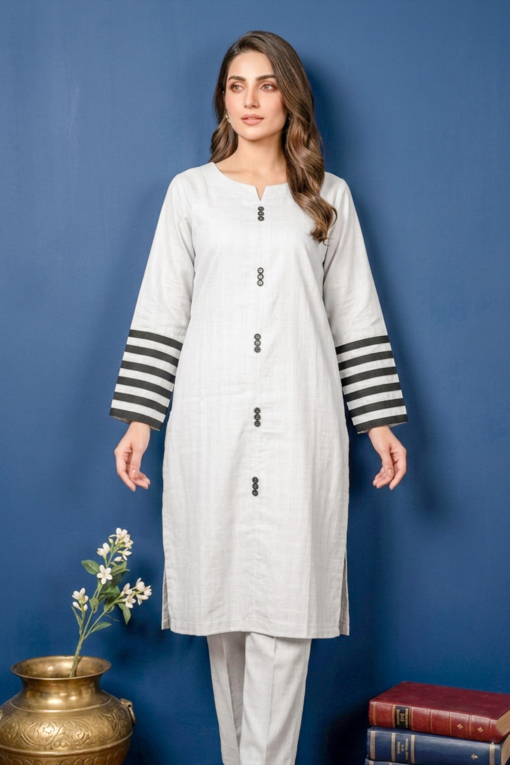 Light Silver Grey – White Premium Stitched Lawn 2PC Kurta Set
