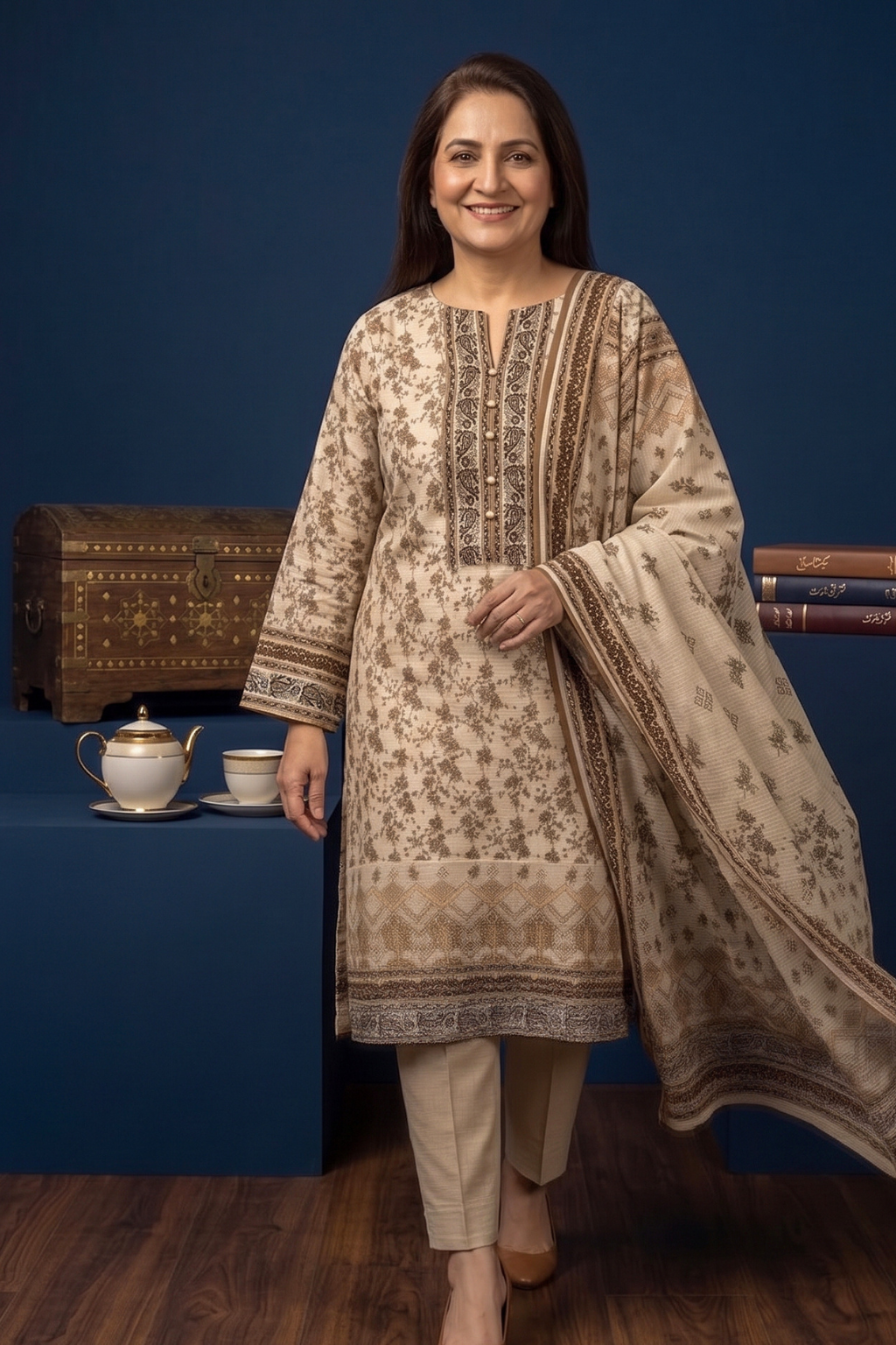Warm Sandy Beige Printed Lawn 3PC Suit – Mother Collection