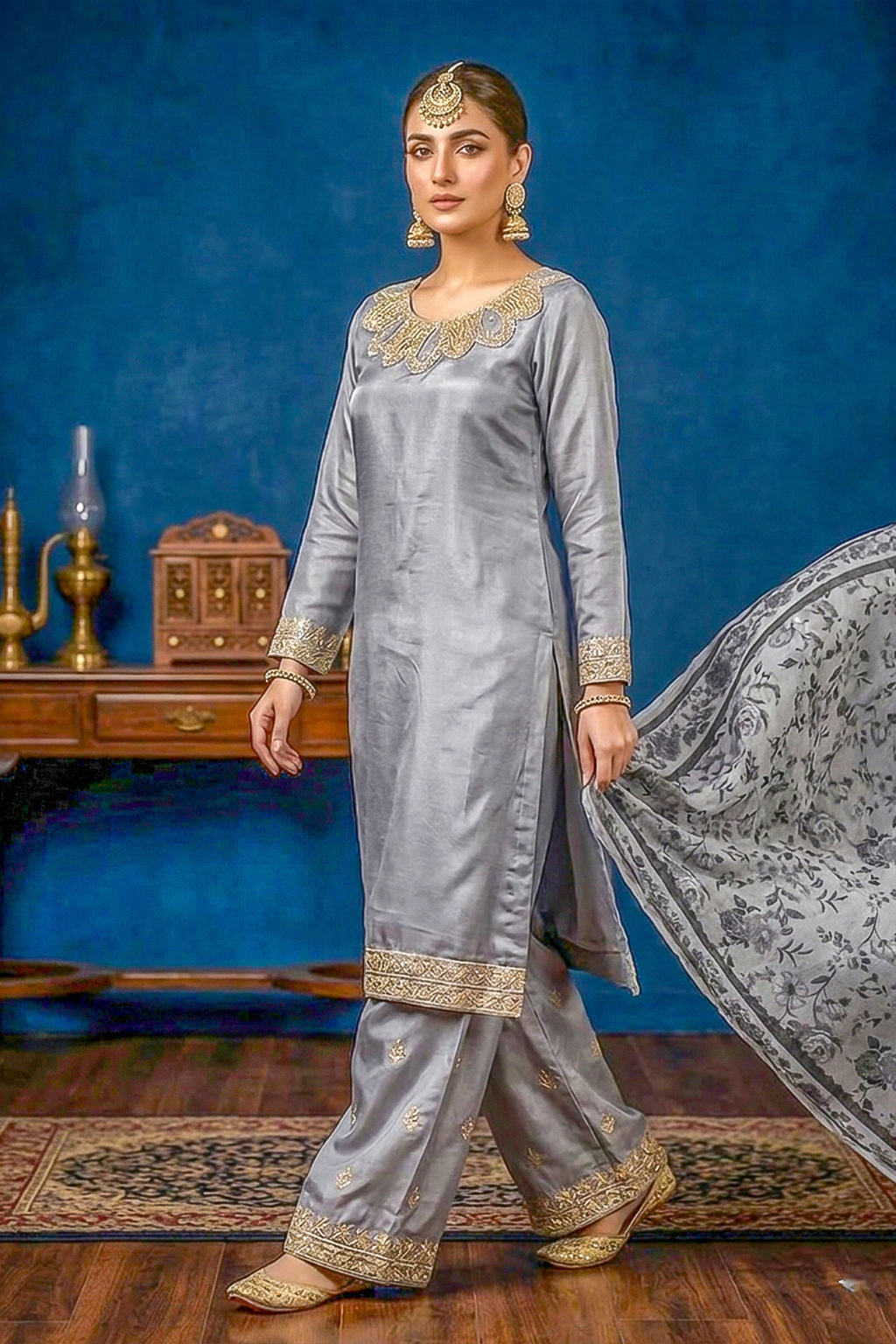 Silver Grey Silk Embroidered Front and Printed Net Dupata and Silk Embroidered Trousers