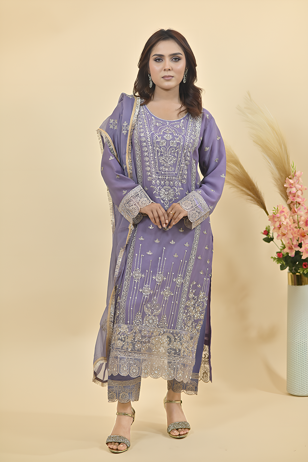 Soft Lilac Purple Luxury Embroidered Occasion Edit 3PC Kurta Set