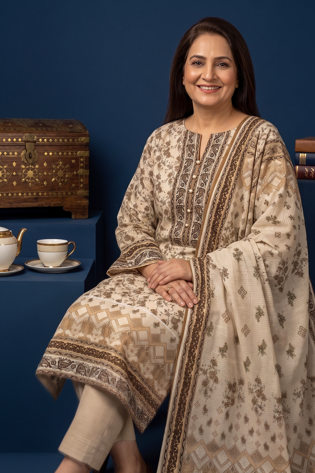 Warm Sandy Beige Printed Lawn 3PC Suit – Mother Collection