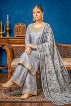 Silver Grey Silk Embroidered Front and Printed Net Dupata and Silk Embroidered Trousers
