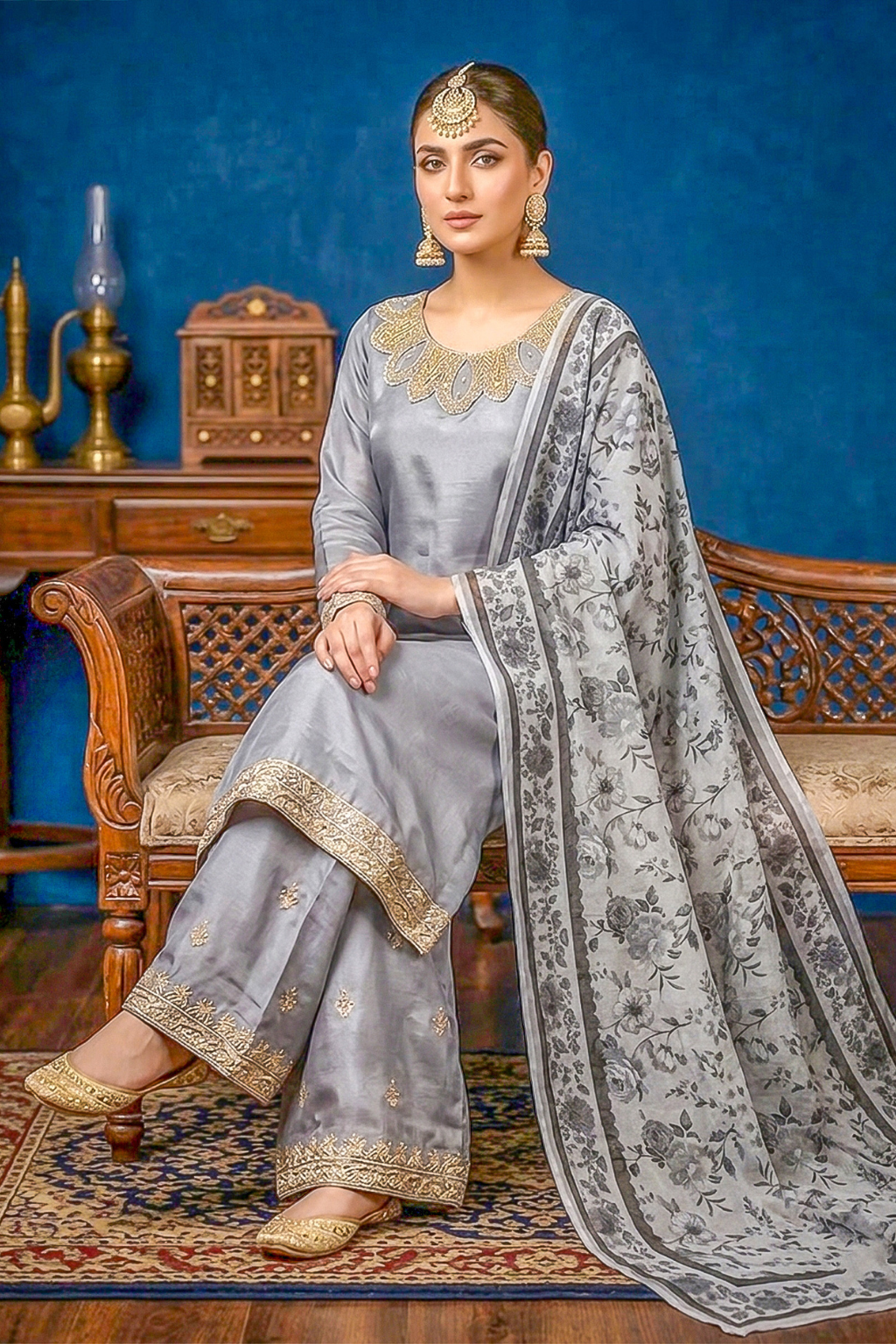 Silver Grey Silk Embroidered Front and Printed Net Dupata and Silk Embroidered Trousers
