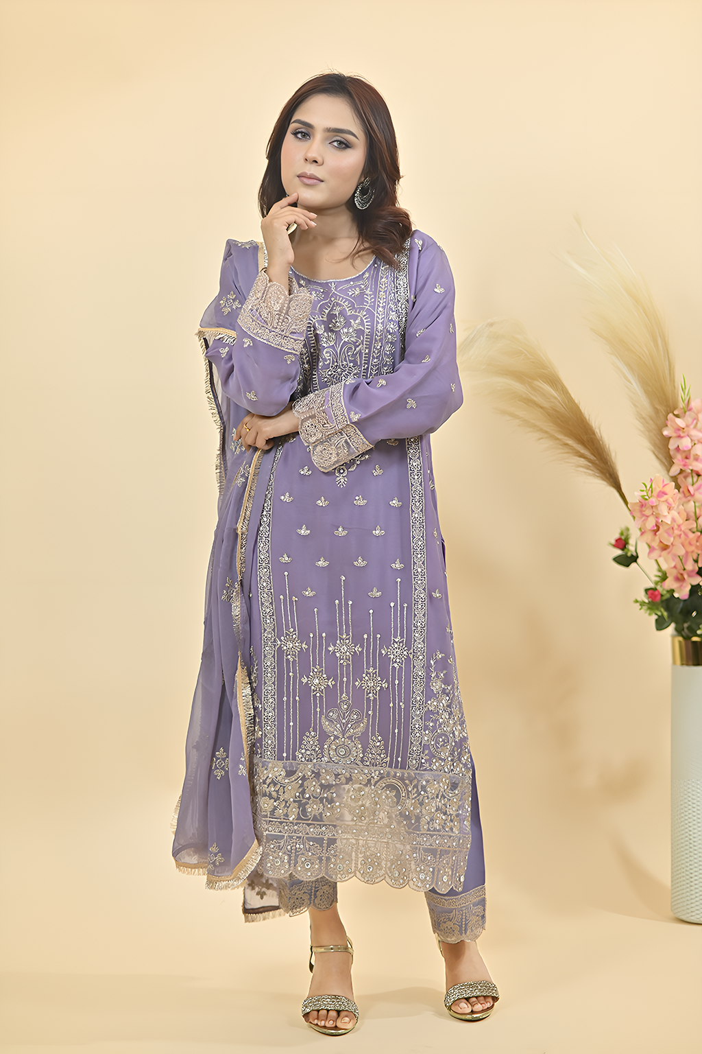 Soft Lilac Purple Luxury Embroidered Occasion Edit 3PC Kurta Set