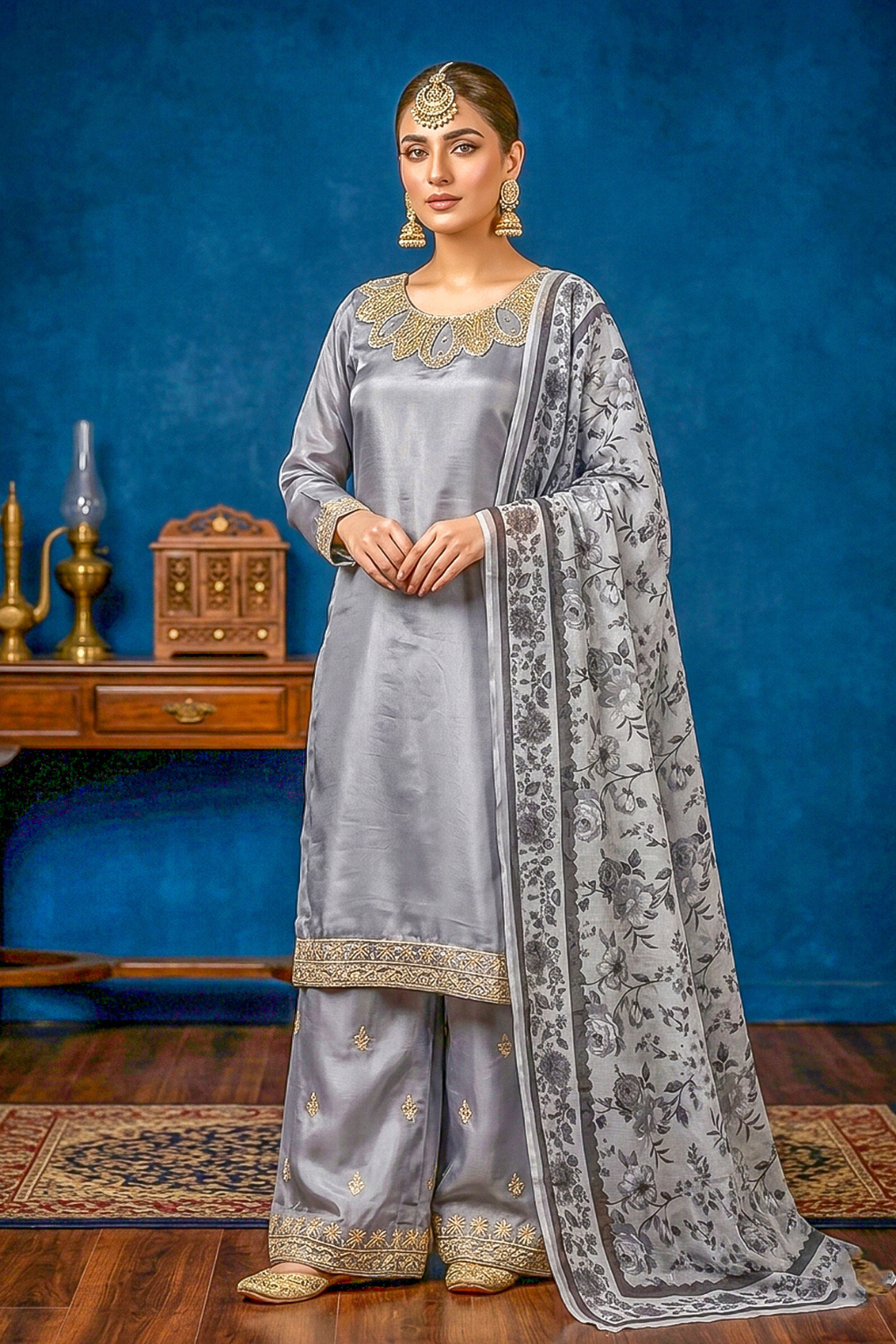 Silver Grey Silk Embroidered Front and Printed Net Dupata and Silk Embroidered Trousers