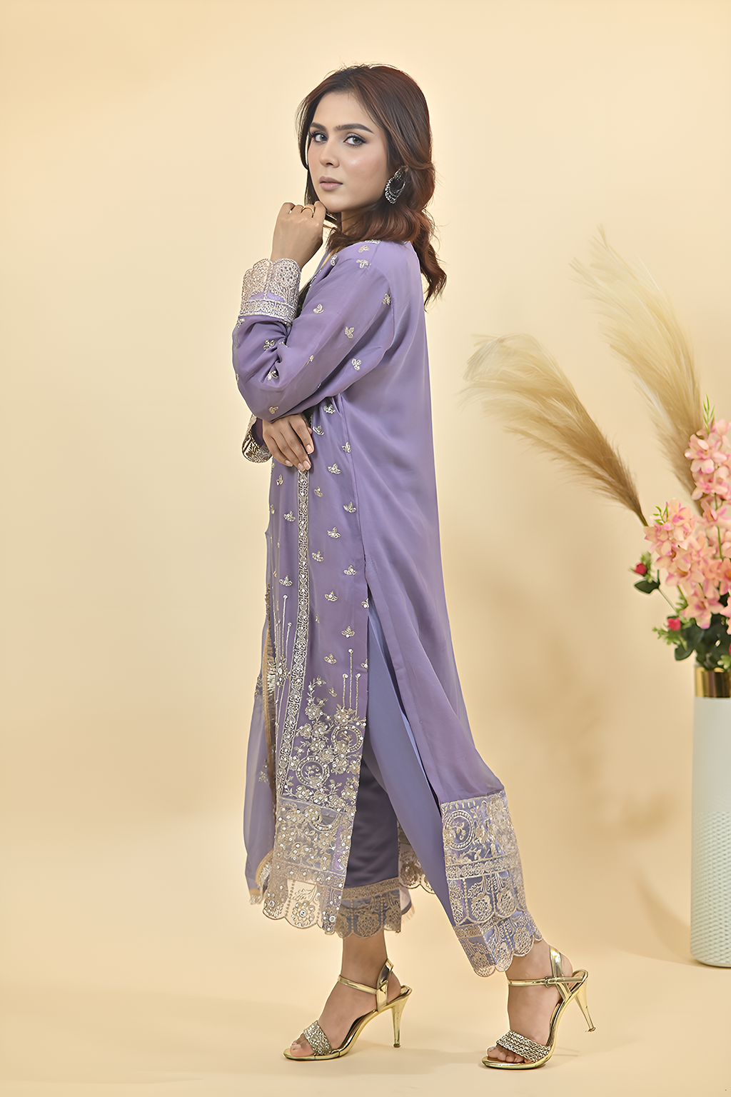 Soft Lilac Purple Luxury Embroidered Occasion Edit 3PC Kurta Set