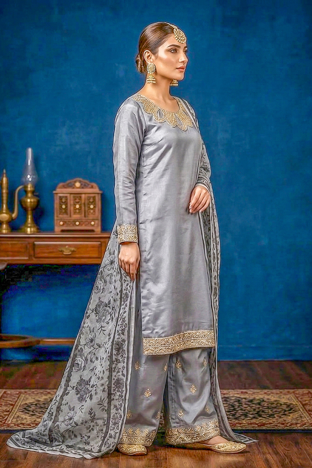 Silver Grey Silk Embroidered Front and Printed Net Dupata and Silk Embroidered Trousers