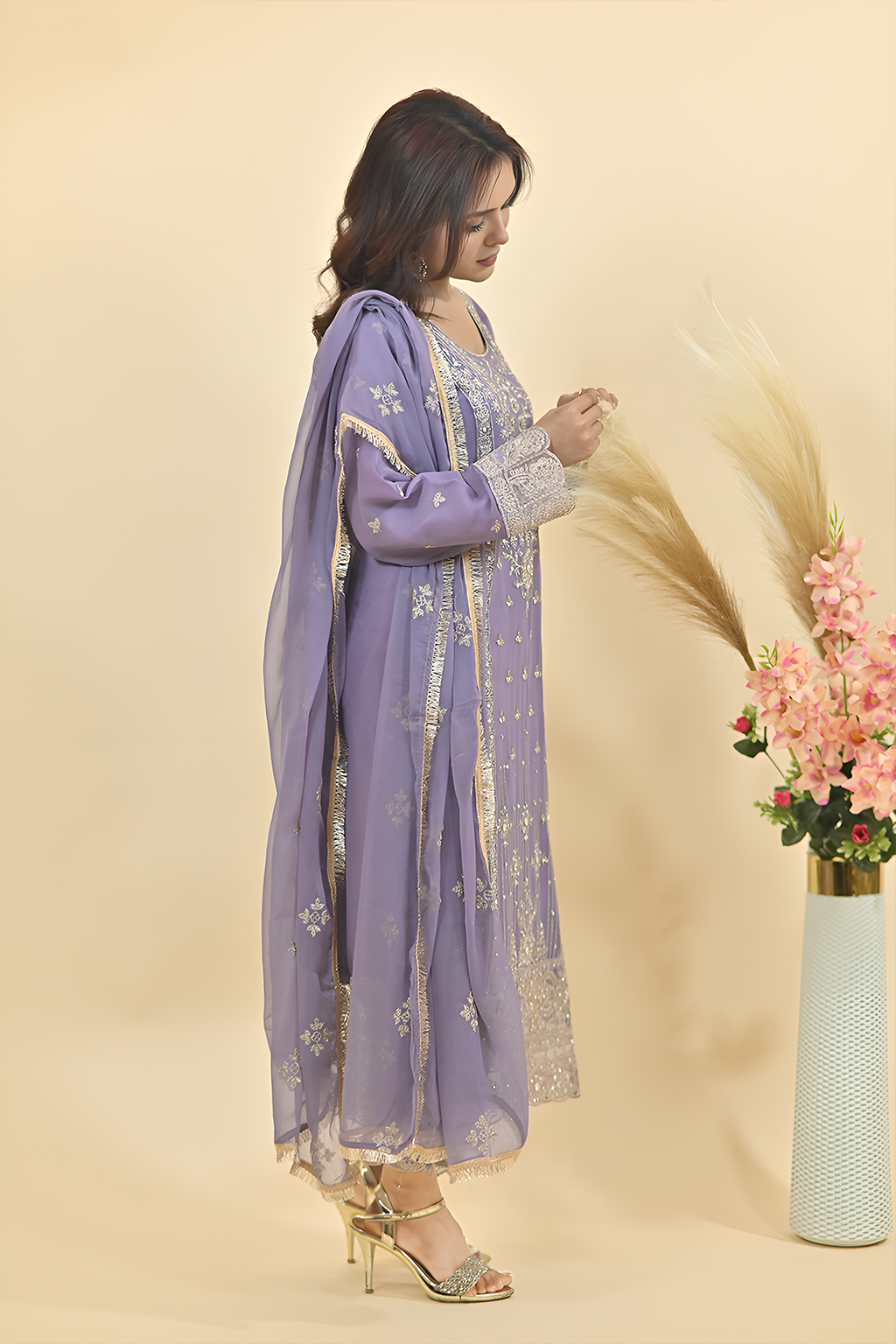 Soft Lilac Purple Luxury Embroidered Occasion Edit 3PC Kurta Set